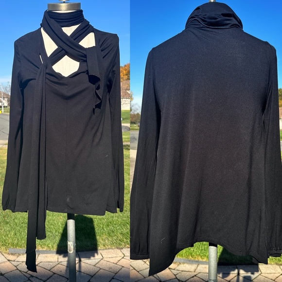 Tops - BLACK VERSATILE MOCK NECK TIE TUNIC TOP BLOUSE MEDIUM